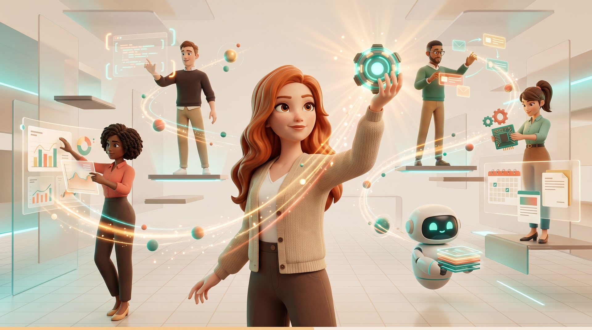 The assistant holding a glowing core, with agents at work around her and a small robot