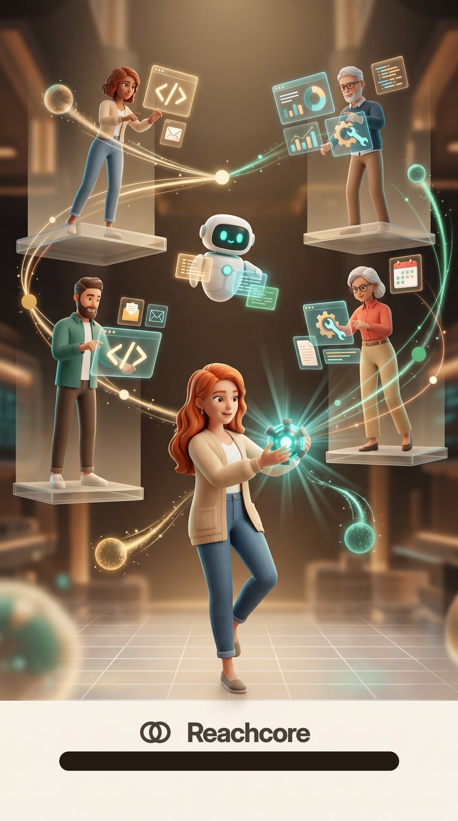 The Reachcore loading screen on a phone: the assistant standing with a glowing core, agents at work above