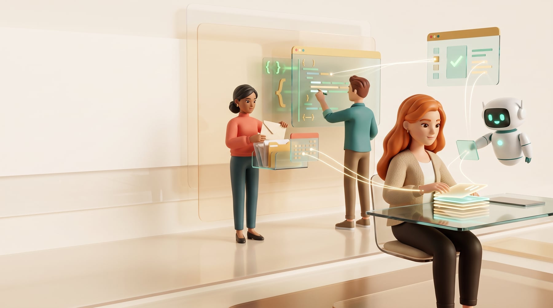 The assistant reviewing finished work at a glass desk while two agents write code and sort mail and the robot hands over a tile